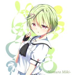 1girl :o absurdres ascot black_ascot black_gloves blush character_name clenched_hand commentary_request cowboy_shot crocodile_hair_ornament eyes_visible_through_hair fingerless_gloves gloves green_hair hair_between_eyes hand_up highres looking_at_viewer nomura_miki open_mouth partial_commentary puffy_short_sleeves puffy_sleeves red_eyes ringed_eyes sailor_collar school_uniform serafuku shirt short_hair short_sleeves simple_background skirt solo summer_pockets summer_pockets_school_uniform teeth upper_teeth_only upturned_eyes variant_set white_background white_sailor_collar white_serafuku white_shirt white_skirt yaki-ayato