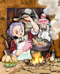 2girls absurdres akai_takami apron arm_up brown_eyes commentary_request cooking fairy fire highres holding holding_spoon knife lisa_(princess_maker) looking_at_viewer mini_person minigirl multiple_girls open_mouth oven_mitts pink_hair princess_maker_(series) princess_maker_3 purple_hair smile spoon