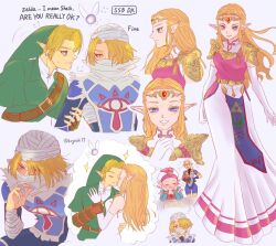 1boy 4girls ? armor bandaged_arm bandages blonde_hair blue_eyes blue_leotard brown_hair chest_sarashi circlet commentary_request covered_mouth dress earrings elbow_gloves english_text fingerless_gloves gloves hat hetero highres imagining impa jewelry kogashi17 leotard link long_dress multiple_girls multiple_persona navi nintendo orange_hair pink_dress pointy_ears princess_zelda sarashi sheik shoulder_armor speech_bubble sweatdrop the_legend_of_zelda the_legend_of_zelda:_ocarina_of_time thinking thought_bubble white_gloves young_zelda