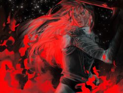1girl armor blood blood_on_face brown_eyes brown_hair burning glowing glowing_hair highres holding holding_sword holding_weapon jung_heewon long_hair macaronijail night night_sky omniscient_reader&#039;s_viewpoint red_theme sky solo sparkling_eyes star_(sky) starry_sky sword upper_body very_long_hair weapon