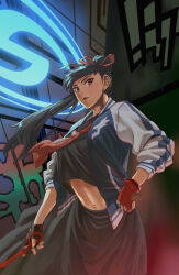 Rule 34 | 1girl, black hair, black serafuku, delinquent, fingerless gloves, gloves, holding, holding weapon, jacket, juusan kihei bouei ken, looking at viewer, midriff, midriff peek, neckerchief, neon lights, open clothes, open jacket, perspective, ponytail, red gloves, red neckerchief, red ribbon, ribbon, sakamoto kengo, school uniform, serafuku, solo, sukeban, takamiya yuki, weapon