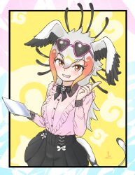 Rule 34 | 1girl, :p, absurdres, alternate costume, bird girl, bird tail, bird wings, black bow, black bowtie, black hair, black skirt, blush, bow, bowtie, collared shirt, cowboy shot, eyewear on head, frilled shirt, frills, hair between eyes, head wings, heart, heart-shaped eyewear, high-waist skirt, highres, japari symbol, kemono friends, long sleeves, looking at viewer, multicolored hair, nokemono-san (bocchi friend), orange hair, pink shirt, pleated skirt, puffy sleeves, red hair, secretarybird (kemono friends), shirt, short hair, sidelocks, skirt, smile, solo, sunglasses, tablet pc, tail, tongue, tongue out, white hair, wings, yellow eyes