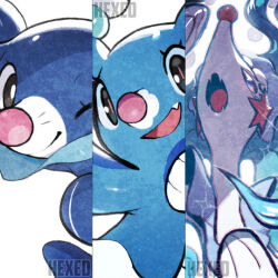 black_eyes blue_eyes blue_fur blue_hair bright_pupils brionne bubble clown_nose colored_eyelashes column_lineup evolutionary_line fang fangs gen_7_pokemon hand_on_own_chest hand_up head_back long_eyelashes long_hair looking_at_viewer nintendo one_eye_closed open_mouth pearl_hair_ornament pink_pupils pokemon pokemon_(creature) pokemon_focus popplio primarina rae_(hexedwithluck) smile sparkle starfish_hair_ornament white_pupils