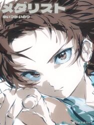 1girl braid brown_eyes brown_hair close-up highres medalist_(manga) pointing pointing_at_viewer portrait serious solo yuitsuka_inori zhuansheng_chengwei_xiaoniao
