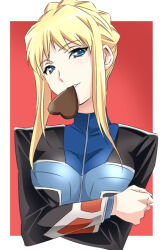 blonde_hair blue_eyes choppy_bangs closed_mouth cowboy_shot dress gloria_louise hair_up hand_on_own_arm head_tilt heart heart_in_mouth jinrouki_winvurga long_hair long_sleeves military_uniform multicolored_dress narrowed_eyes pink_lips short_dress sidelocks tsunashima_shirou
