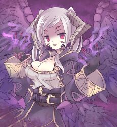 1girl areola_slip aura black_feathers black_gloves black_wings body_markings boots bra_strap breasts cleavage dark_aura extra_eyes feathered_wings feathers female_robin_(fire_emblem) female_robin_(grima)_(fire_emblem) female_robin_(grima)_(tyrant_of_despair)_(fire_emblem) fire_emblem fire_emblem_awakening fire_emblem_heroes gloves glowing_markings highres horns large_breasts looking_at_viewer nintendo red_eyes smile solo teu_(navy) twintails white_hair wings