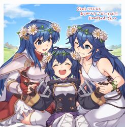 3girls ;d ancestor_and_descendant armor bare_shoulders blue_eyes blue_hair brand_of_the_exalt brown_gloves caeda_(beloved_queen)_(fire_emblem) caeda_(fire_emblem) closed_eyes collarbone commission crossed_bangs dress fingerless_gloves fire_emblem fire_emblem:_mystery_of_the_emblem fire_emblem_awakening fire_emblem_heroes flower gloves hair_between_eyes hair_flower hair_ornament highres holding_hands long_hair looking_at_another lucina_(fire_emblem) lucina_(valentine)_(fire_emblem) female_morgan_(fire_emblem) mother_and_daughter multiple_girls nintendo nyo02921978 official_alternate_costume one_eye_closed open_mouth pauldrons red_dress red_gloves short_hair shoulder_armor skeb_commission sleeveless sleeveless_dress smile symbol_in_eye white_dress