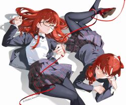2girls absurdres bibi_booom black-framed_eyewear black_jacket black_pantyhose blazer blush bow bowtie breasts glasses hair_bow hair_down highres jacket long_hair long_sleeves lying multiple_girls on_back on_stomach pantyhose persona persona_5 persona_5_the_royal plaid_clothes plaid_skirt ponytail rectangular_eyewear red_bow red_eyes red_hair ribbon school_uniform shirt shuujin_academy_school_uniform siblings simple_background sisters skirt white_background white_shirt yoshizawa_kasumi yoshizawa_sumire