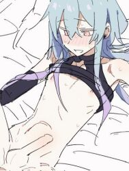 1boy androgynous azuma_shino bed blue_hair blush clothes_lift implied_sex lying mizuki_(arknights) multicolored_hair on_back penis simple_background sketch skinny solo solo_focus stomach_bulge sweat two-tone_hair