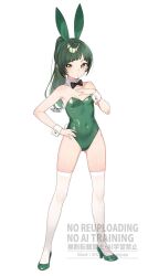 1girl animal_ears bad_tag breasts covered_navel expressionless fake_animal_ears fake_tail full_body green_leotard grey_hair high_heels highres kanya_pyi leotard loli long_hair looking_at_viewer original playboy_bunny ponytail bad_tag rabbit_ears rabbit_tail small_breasts solo tail thighhighs white_thighhighs yellow_eyes
