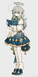 1girl absurdres blue_gemstone book chinese_commentary closed_mouth commentary_request cross dress fishnets full_body gem green_hair grey_background hair_between_eyes halo highres holding holding_book jewelry kirameki_no_waltz_(project_sekai) kusanagi_nene long_hair long_sleeves low_block_heels migolu music musical_note open_book pantyhose pendant project_sekai puffy_long_sleeves puffy_sleeves purple_eyes reading simple_background singing solo spoken_musical_note standing star_(symbol) watermark weibo_watermark white_pantyhose