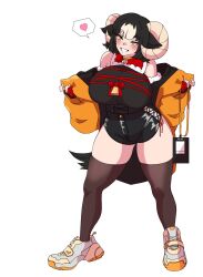 1girl amx1375 animal_ears bare_shoulders bell belt black_hair black_shorts breasts corset full_body fur_trim gloves grin heart highres holding holding_jacket holding_unworn_clothes horizontal_pupils horns id_card image_in_speech_bubble jacket jacket_partially_removed large_breasts medium_hair multicolored_hair off_shoulder original partially_fingerless_gloves red_gloves red_ribbon ribbon sheep_ears sheep_girl sheep_horns shoes shorts smile sneakers solo speech_bubble spoken_heart standing thighhighs two-tone_hair unworn_jacket vanessa_(amx1375) white_background white_hair yellow_eyes yellow_jacket