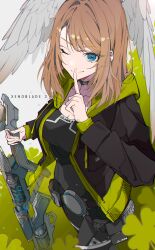 1girl absurdres black_choker black_jacket blue_eyes breasts brown_hair choker cleavage clover cowboy_shot eunie_(xenoblade) feathered_wings finger_to_mouth four-leaf_clover green_hoodie grey_wings gugugu_official head_wings highres holding holding_weapon hood hood_down hoodie jacket medium_breasts medium_hair one_eye_closed solo weapon wings xenoblade_chronicles_(series) xenoblade_chronicles_3