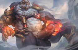 1boy abs bara bear_boy body_fur braid claws clear_sky crescent crescent_hair_ornament crown dark_penis erection furry furry_male girthy_penis glowing glowing_eyes gold_crown hair_ornament highres huge_pectorals huge_penis huge_testicles lava league_of_legends lindong male_focus muscular muscular_arms muscular_legs muscular_male official_alternate_costume orange_eyes penis precum prestige_duality_dragon_volibear sky smoke smoke_trail solo standing strongman_waist testicles thighs volibear white_fur