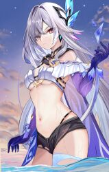1girl adapted_costume bikini black_bikini breasts cowboy_shot film_grain genshin_impact gloves gradient_gloves highres long_hair looking_to_the_side medium_breasts mitsu336 navel purple_gloves purple_sky red_eyes serious skirk_(genshin_impact) sky solo stomach swimsuit underboob wading wet white_bikini white_hair