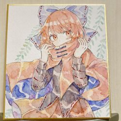 Rule 34 | 1girl, black shirt, blue bow, bow, cloak, commentary, cowboy shot, hair bow, highres, long sleeves, looking at viewer, marker (medium), mozukuzu (manukedori), red cloak, red eyes, red hair, red skirt, ribbon-trimmed bow, ribbon trim, sekibanki, shikishi, shirt, short hair, skirt, solo, touhou, traditional media