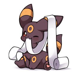absurdres animal_focus black_fur colored_sclera commentary eating english_commentary gen_2_pokemon highres looking_at_viewer nintendo no_humans one_eye_closed pokemon pokemon_(creature) pokemon_focus red_eyes red_sclera sevi_(seviyummy) simple_background smile tail toilet_paper umbreon white_background
