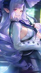 1girl armpit_crease bibimbub breasts drill_hair highres holding holding_umbrella long_hair long_sleeves looking_at_viewer medium_breasts mole mole_under_eye parted_lips pointy_ears purple_hair red_eyes solo umbrella vivian_(zenless_zone_zero) zenless_zone_zero