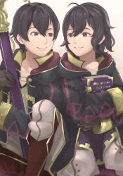 Rule 34 | 1boy, 1girl, ahoge, black eyes, black gloves, black hair, black robe, book, boots, brown boots, closed mouth, collarbone, dual persona, fe rune, female morgan (fire emblem), fire emblem, fire emblem awakening, gloves, grin, hair between eyes, highres, holding, holding book, hugging book, hugging object, knee boots, long sleeves, looking at another, male morgan (fire emblem), nintendo, open clothes, open robe, pants, robe, shirt, short hair, simple background, smile, white background, white pants, white shirt