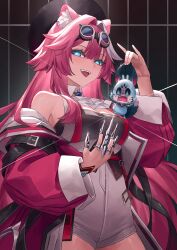 Rule 34 | 1girl, absurdres, animal ears, black tube top, blue eyes, chattino (raora panthera), claw (weapon), coat, commentary, english commentary, goggles, goggles on head, highres, hololive, hololive english, long hair, looking at viewer, mcking, multicolored hair, open mouth, panther ears, panther girl, pink coat, pink hair, raora panthera, raora panthera (1st costume), strapless, teeth, tube top, upper teeth only, very long hair, vest, virtual youtuber, weapon, white hair, white vest