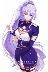 1girl 86_-eightysix- breasts commission commissioner_upload cosplay fire_emblem fire_emblem:_genealogy_of_the_holy_war garter_straps high_ponytail highres ishtar_(fire_emblem) large_breasts long_hair long_sleeves military_uniform nintendo ponytail purple_eyes purple_hair side_ponytail sidelocks simple_background skirt sumustard thighhighs vladilena_millize vladilena_millize_(cosplay) watermark zettai_ryouiki