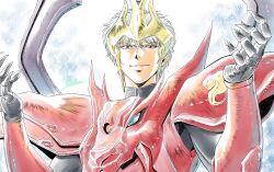 1boy absurdres armor artist_name black_shirt closed_mouth commentary forehead_protector fudou_myou-oh_akaranaata gauntlets hands_up highres male_focus pauldrons portrait purple_eyes red_armor shirt short_hair shoulder_armor signature skin_tight smile solo tenkuu_senki_shurato vambraces white_hair yoshinaga_masahiro
