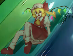 0326_ota 1girl ascot blonde_hair bow crystal_wings dress flandre_scarlet full_body hair_bow highres indoors liminal_space long_hair open_mouth photo_background red_bow ribbon shirt shoes short_hair sitting skirt slide smile socks solo touhou yellow_ascot