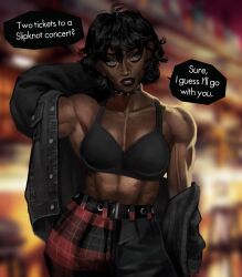 1girl black_hair black_lips black_tank_top blurry blurry_background collar dark-skinned_female dark_skin english_text highres jacket looking_at_viewer midriff muscular muscular_female nose_piercing nose_ring open_clothes open_jacket orange_eyes original piercing short_hair solo spiked_collar spikes tank_top veins veiny_arms x_the_ghoul