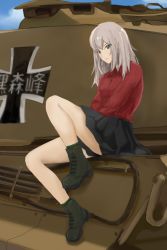 Rule 34 | 10s, 1girl, ankle boots, black boots, black socks, blue eyes, boots, closed mouth, cloud, cloudy sky, day, dress shirt, emblem, female focus, full body, girls und panzer, itsumi erika, kuromorimine (emblem), kuromorimine military uniform, long hair, long sleeves, looking at viewer, military, military uniform, military vehicle, miniskirt, motor vehicle, mottsarera, no jacket, outdoors, pleated skirt, red shirt, red skirt, school uniform, shirt, silver hair, skirt, sky, socks, solo, standing, tank, tiger ii