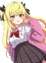 1girl absurdres black_skirt blonde_hair blush bow bowtie cardigan collared_shirt commentary eyelid_pull fingernails fumi_(fumibeing) hair_intakes hair_ornament heterochromia high-waist_skirt highres hoshikawa_sara hoshikawa_sara_(4th_costume) long_hair long_sleeves looking_at_viewer nail_polish nijisanji official_alternate_costume official_alternate_hairstyle open_cardigan open_clothes pink_cardigan pink_nails pleated_skirt puffy_long_sleeves puffy_sleeves red_bow red_bowtie red_eyes shirt simple_background skirt solo symbol-only_commentary tongue tongue_out two_side_up v-shaped_eyebrows virtual_youtuber white_background white_shirt yellow_eyes