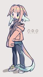 1girl black_pantyhose blue_shorts full_body hair_intakes highres jacket looking_at_viewer mukumi open_mouth original pantyhose partially_feathered_tail pink_hair pink_jacket purple_shoes shoes short_hair shorts simple_background smile sneakers solo white_background wing_ears