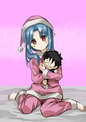 1girl alternate_costume blue_hair blush character_doll chiizu_ore child expressionless hat highres holding holding_stuffed_toy kagetsu_tooya len_(tsukihime) looking_at_viewer melty_blood nightcap on_bed pajamas pink_pajamas pointy_ears red_eyes simple_background stuffed_toy tohno_shiki tsukihime type-moon