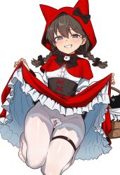 1girl absurdres animal_hood basket between_thighs black_bow black_cat black_corset black_eyes bow braid breasts bright_pupils brown_hair capelet cat cat_hood cat_ornament clothes_lift commentary corset covered_groin ebora english_commentary fang grin groin hair_between_eyes highres hood knees_together_feet_apart lifting_own_clothes light_blush long_skirt long_sleeves looking_at_viewer low_twin_braids medium_hair minya_(nyanko_daisensou) no_shoes nyanko_daisensou open_mouth pantyhose petticoat red_capelet red_eyes red_hood red_skirt shirt short_twintails simple_background skirt skirt_lift small_breasts small_sweatdrop smile smirk teeth thigh_strap thighs twin_braids twintails white_background white_cat white_pantyhose white_pupils white_shirt