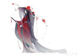 Rule 34 | 1girl, absurdres, black hair, black hat, black veil, chinese clothes, chinese commentary, closed mouth, collared shirt, commentary request, earrings, expressionless, floral print, flower, forehead, full body, grey shirt, hanfu, hat, hat flower, highres, holding, holding sword, holding weapon, jewelry, jin renshi, katana, lipstick, long hair, long sleeves, makeup, original, petals, poppy (flower), red flower, red hanfu, red lips, see-through clothes, see-through veil, sheath, shirt, simple background, solo, standing, straight hair, sword, tassel, unsheathing, veil, very long hair, watermark, weapon, weibo watermark, weimao, white background, wide sleeves