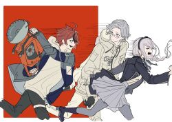 1girl 2boys ahoge aotsuki_eito black_boots black_gloves black_hairband black_jacket black_pants black_ribbon black_streaks blue_jacket blush boots braid chainsaw chasing drawstring evil_grin evil_smile glasses gloves grabbing_another&#039;s_arm grey_eyes grey_hair grey_jacket grey_pantyhose grey_skirt grin hairband highres holding holding_chainsaw hood hoodie jacket kirifuji_nozomi long_hair looking_at_another motion_lines multicolored_hair multicolored_jacket multiple_boys neck_ribbon open_clothes open_jacket pabitelsafe3 pants pantyhose red_background red_eyes red_hair ribbon running short_hair simple_background single_braid sketch skirt smile spoilers streaked_hair sumino_takumi the_hundred_line_-last_defense_academy- thigh_strap two-tone_background two-tone_jacket white_background white_hoodie white_jacket