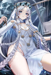 absurdres blue_eyes doll doll_joints elden_ring elden_ring_nightreign flower_wreath highres holding_instrument holding_lyre instrument joints low_twin_braids lyre revenant_(elden_ring) shi_qi_kuang_beng twin_braids veil white_veil