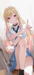 1girl absurdres barbell_piercing black_choker black_necktie black_socks blonde_hair blue_skirt blush bracelet choker clenched_teeth collared_shirt colored_tips curtains desk double_v ear_piercing eimizzzzz fake_nails feet_out_of_frame gyaru highres indoors jewelry kitagawa_marin knee_up long_hair looking_at_viewer loose_necktie multicolored_hair multiple_bracelets necktie no_panties on_chair pearl_bracelet piercing pink_eyes pink_nails pleated_skirt puffy_nipples ring school_desk school_uniform shirt short_sleeves sitting skirt smile socks solo sono_bisque_doll_wa_koi_wo_suru summer_uniform teeth thighs v white_shirt