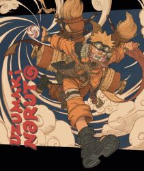 1boy aten_man bandage_on_nose black_boots blonde_hair blue_background boots character_name cloud facial_mark full_body goggles goggles_on_head highres holding holding_scroll jacket kunai long_sleeves male_focus mouth_hold naruto naruto_(series) ninja orange_jacket orange_pants outstretched_arms oversized_object paintbrush pants rasengan running scroll short_hair shuriken solo spiked_hair spread_arms swirl uzumaki_naruto weapon whisker_markings