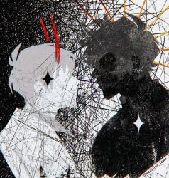 Rule 34 | 2boys, black coat, black hair, coat, demon horns, faceless, highres, horns, kim dokja, looking at another, multiple boys, omniscient reader&#039;s viewpoint, portrait, red horns, scratches, silhouette, sketch, sparkle, split theme, vacation town, white coat, white hair, yoo joonghyuk