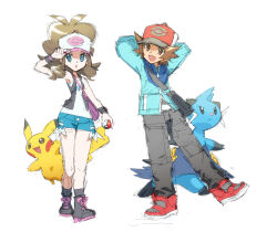 Rule 34 | 1boy, 1girl, absurdres, baseball cap, black vest, blue eyes, blue jacket, breasts, brown eyes, brown hair, cutoffs, denim, denim shorts, dewott, exposed pocket, gen 1 pokemon, gen 5 pokemon, hat, high ponytail, highres, hilbert (pokemon), hilda (pokemon), jacket, long hair, long sleeves, looking at viewer, nintendo, nyagiratwist, open clothes, open mouth, open vest, pants, pikachu, poke ball print, pokemon, pokemon (creature), pokemon bw, ponytail, shirt, short hair, short shorts, shorts, sidelocks, smile, vest, white shirt, wristband, zipper pull tab
