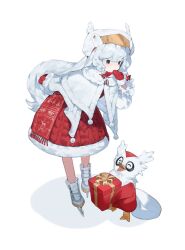 1girl ^_^ bell black_eyes bow box braid capelet closed_eyes creature_and_personification delibird dress frilled_sleeves frills fur-trimmed_capelet fur-trimmed_dress fur-trimmed_mittens fur_trim gen_2_pokemon gift gift_box hair_bow hand_to_own_mouth hat highres holding holding_gift ice_skates jingle_bell leaning_forward long_hair long_sleeves looking_down low_twin_braids mittens nicoillu nintendo personification pokemon pokemon_(creature) pom_pom_(clothes) puffy_long_sleeves puffy_sleeves red_bow red_dress red_mittens sack simple_background skates standing thick_eyelashes twin_braids very_long_hair white_background white_capelet white_hair white_hat