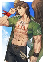 1boy abs absurdres bird_boy black_shorts blue_sky border brown_hair closed_mouth cloud commentary feather_necklace fire_emblem fire_emblem:_path_of_radiance green_shirt highres jewelry male_focus mature_male medium_hair muscular muscular_male necklace nintendo open_clothes open_shirt outside_border pointy_ears scar scar_on_chest scar_on_face shirt shorts silvercandy_gum sky smile solo standing sunglasses sunlight tibarn_(fire_emblem) white_border wings yellow_eyes