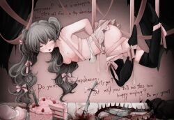 bear_trap black_thighhighs blood bow bra breasts butter_knife cake english_text food grey_eyes grey_hair hair_bow hanging highres nude open_mouth pink_skirt ribbon skirt thighhighs tongue tongue_out twintails underwear yumeko_(devilxkid)