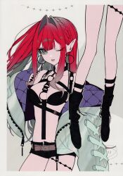 1girl absurdres baobhan_sith_(fate) black_bra black_shorts bra chest_harness fate/grand_order fate_(series) gag_harness grey_eyes grey_jacket harness highres hood jacket looking_at_viewer mochizuki_kei one_eye_closed pink_hair pointy_ears scan short_shorts shorts sidelocks smile solo underwear
