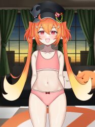 1girl arms_behind_back belly blush blush_stickers bra chromashift commission couch curtains dusk enya_ignis hat highres indoors knee_up knees_up multicolored_hair navel open_mouth orange_hair panties pink_bra pink_panties pointy_ears renhiraoka12 smile solo standing twintails underwear underwear_only virtual_youtuber window