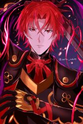 1boy absurdres aura black_gloves crossed_bangs dark_aura dark_persona fire_emblem fire_emblem_engage fire_emblem_heroes gloves hair_between_eyes highres jupiter_(042073) looking_at_viewer male_alear_(fell_dragon)_(fire_emblem) male_alear_(fell_dragon_child)_(fire_emblem) male_alear_(fire_emblem) male_focus nintendo official_alternate_color official_alternate_eye_color official_alternate_hair_color red_aura red_eyes red_hair