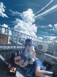 2girls alternate_costume bag bento black_shoes blue_bow blue_eyes blue_hair blue_skirt blue_sky bow bowtie building chinese_commentary chopsticks cloud commentary_request condenser_unit contemporary contrail cumulonimbus_cloud day eye_contact food food-themed_hair_ornament hair_bow hair_ornament highres hinanawi_tenshi huangqi_duo_tang_bu_jia_bing lap_pillow loafers long_hair looking_at_another lying multiple_girls outdoors peach_hair_ornament red_bow red_bowtie red_eyes school_bag school_uniform second-party_source shirt shoes short_sleeves skirt sky socks touhou very_long_hair white_shirt white_socks yorigami_shion