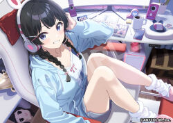 1girl animal_ear_headphones animal_ears black_hair blue_hoodie bow braid cellphone clenched_teeth coffee_mug computer computer_keyboard computer_mouse cup fake_animal_ears grin hair_bow headphones hood hoodie indoors long_hair long_sleeves looking_at_viewer mug nijisanji official_art on_chair phone pink_bow pink_slippers sample_watermark siokazunoko sitting slippers smartphone smile socks solo teeth tsukino_mito twin_braids virtual_youtuber watermark white_socks