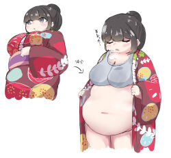 1girl before_and_after belly big_belly black_hair blue_eyes blush bra breasts cielsevencolors cleavage closed_eyes fat fat_woman grey_bra hair_bun hair_up highres japanese_clothes kimono large_breasts medium_breasts multiple_views navel obi open_clothes open_kimono open_mouth original plump print_kimono red_kimono sash short_hair sigh single_hair_bun solo sports_bra standing sweat underwear undressing white_background