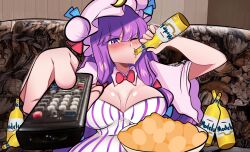 1girl beer_bottle blush bow breasts chips_(food) cleavage controller couch dress drinking drunk food hat hat_ornament highres large_breasts long_hair looking_at_viewer man_watching_tv_(meme) meme missandydandy patchouli_knowledge purple_eyes purple_hair red_bow remote_control sitting solo touhou watching_television white_dress